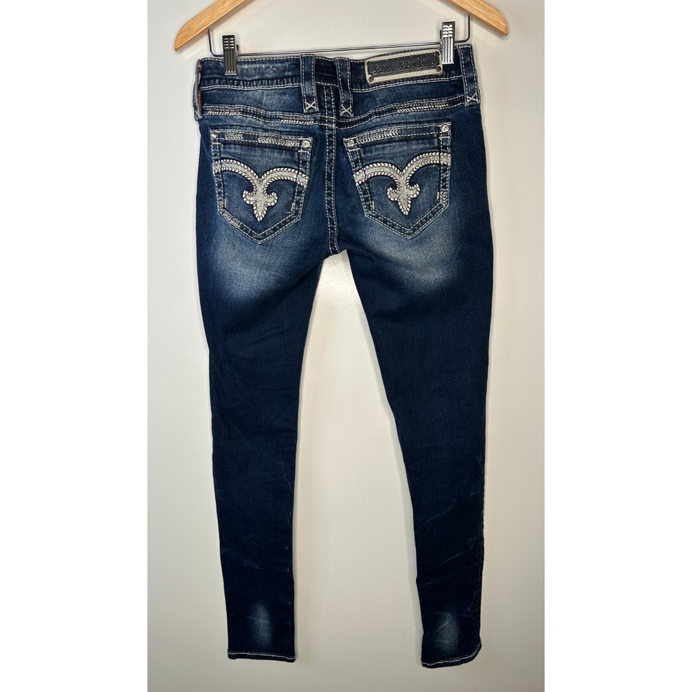 Rock Revival July Skinny Low Rise Jeans Size 27 Dark Wash Rhinestone Embellished - Picture 2 of 16